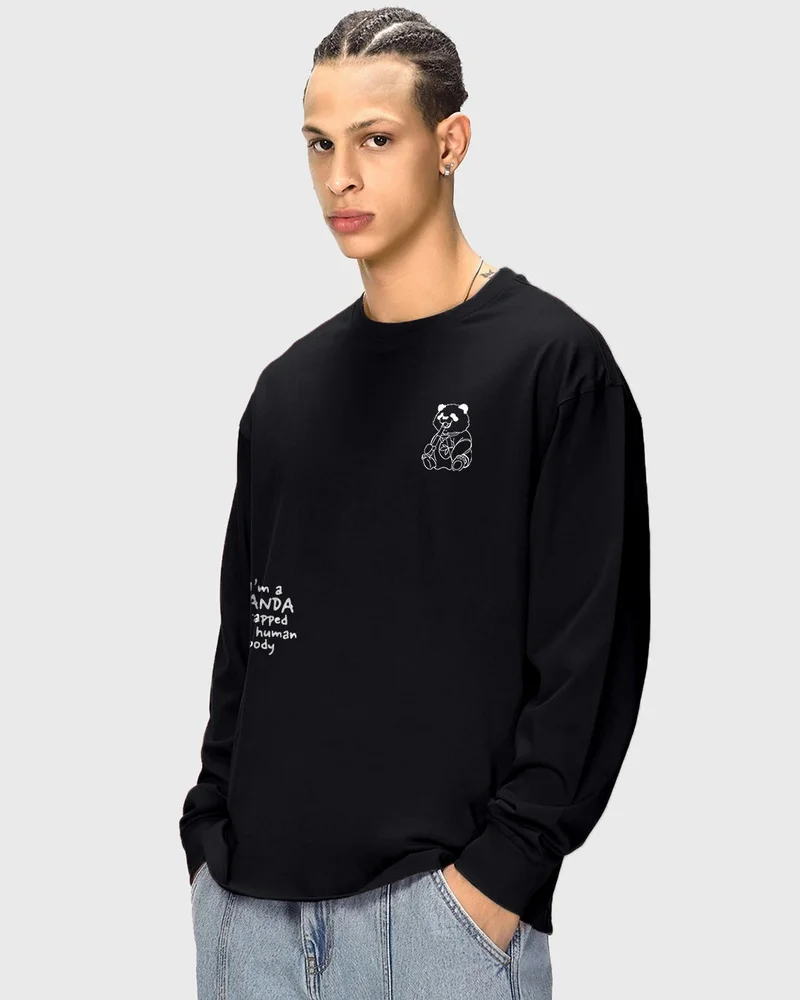 bewakoof Men's Black The Panda Way Graphic Printed Oversized T-shirt